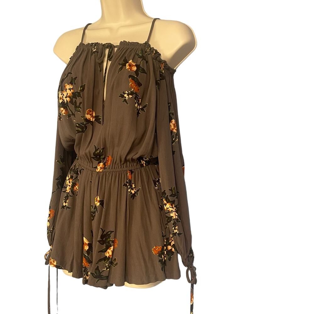 Free People Boho Off Shoulder Long Sleeves Floral Shorts Romper Olive Green XS - Picture 4 of 6